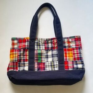 J Crew Patchwork Handbag Tote Madras Plaid Cotton Canvas Travel Bag Blue